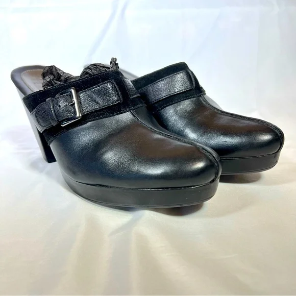 Cole Haan Women's Black Leather Heels Clogs Mules Shoes Silver Buckle Size 10 - Picture 1 of 12